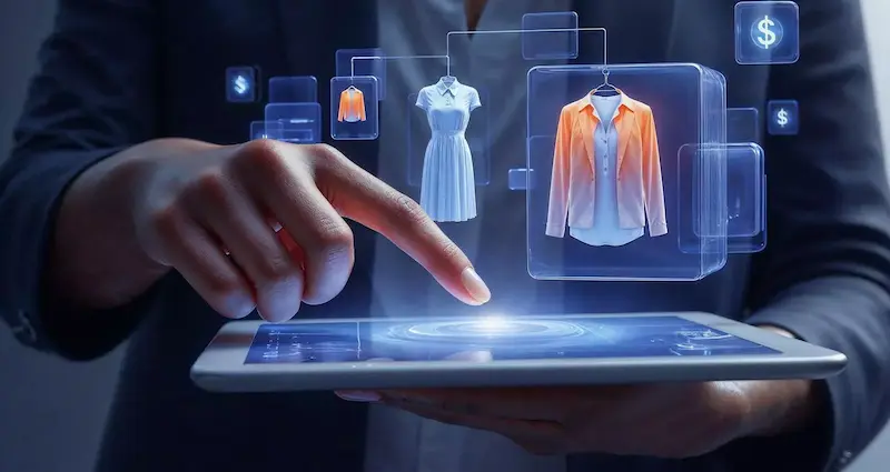 Persona utilizando una tablet para seleccionar ropa en una tienda online con interfaz digital futurista